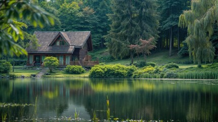 Obraz premium A house with green lake