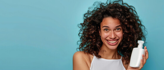 A woman with curly hair holds a white bottle of shampoo, smiling and covering half her face on one side against a blue background.