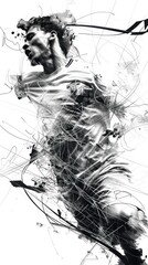 Fototapeta premium Abstract black and white illustration of a dynamic male athlete in motion with artistic ink splatter effects.