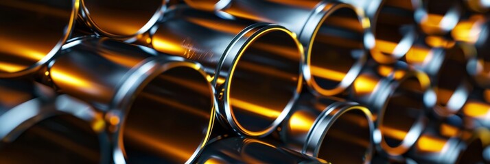 Steel pipes, stacked in rows and overlapping, are focused on their shiny surface and clean appearance against a dark background to highlight the metallic texture.