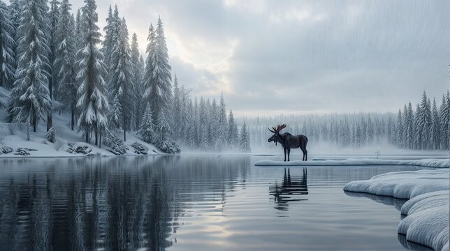 An animal staning at frozen lake