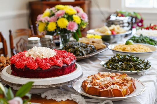 A table set with traditional foods like red velvet cake and collard greens at a Juneteenth gathering