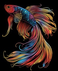 Fototapeta premium Vibrant betta fish with flowing fins in blue and orange hues against a dark background.