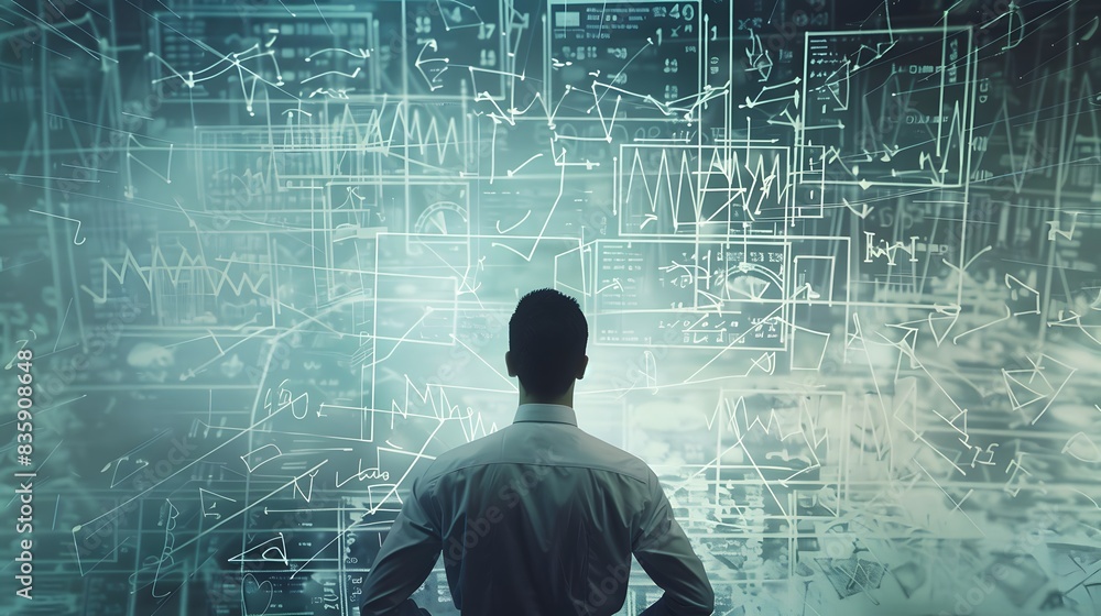 Poster a mathematician surrounded by equations and formulas, constructing a financial model to simulate var