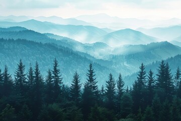 Fototapeta premium Stunning landscape with foggy mountains and evergreen trees creating a serene and mystical natural scene perfect for backgrounds or nature themes.