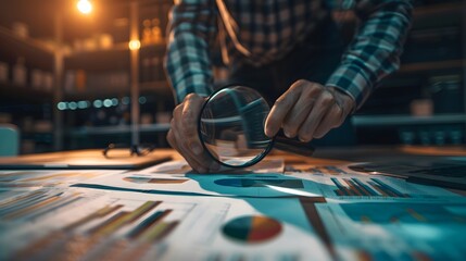 An analyst examining a series of charts and graphs, uncovering insights and trends from financial data, with a magnifying glass symbolizing the process of evaluation - Powered by Adobe