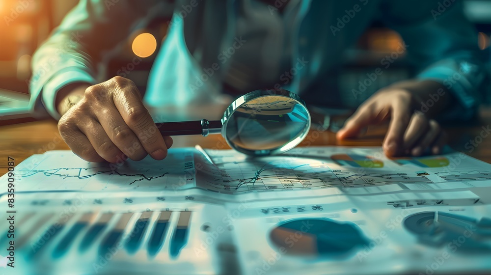 Poster an analyst examining a series of charts and graphs, uncovering insights and trends from financial da