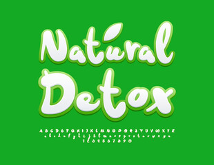 Vector healthy sign Natural Detox. Funny White and Green Font. Modern set of Bright Alphabet Letters and Numbers.