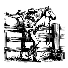 A cowgirl stands next to her horse, reading a book, in a vintage style illustration. © anh