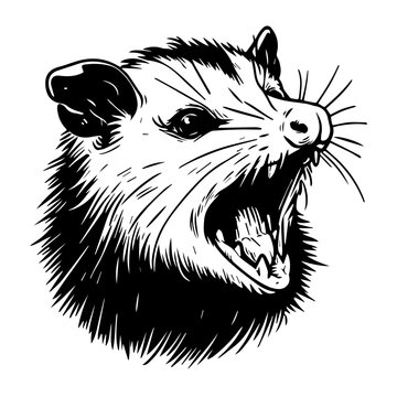 A possum is opening its mouth and screeching. In a vintage style illustration