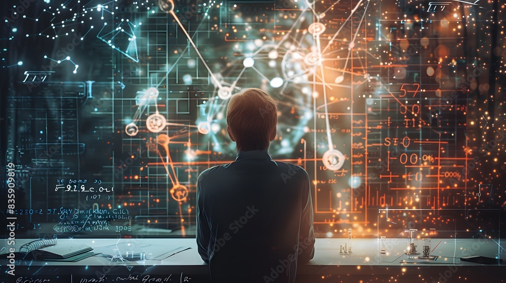 Poster a mathematician surrounded by equations and formulas, constructing a financial model to simulate var