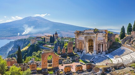Ancient Greek theatre in Taormina on background of Etna Volcano, Sicily, Italy.
