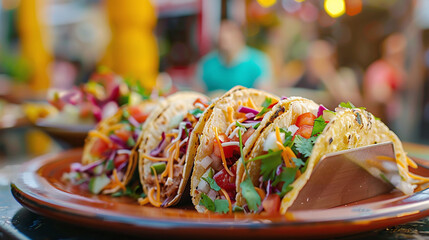 Tacos on plate in cafe on street terrace