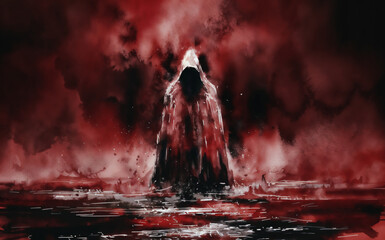a Haunting silhouette of a faceless cloaked figure emerging from the dense fog, robe soaked and stained in red blood.  