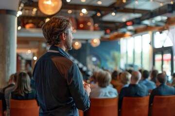 Image captures the moment of inspiration as a business entrepreneur takes the stage at a startup tech conference. With confidence and conviction, they deliver a captivating presentation
