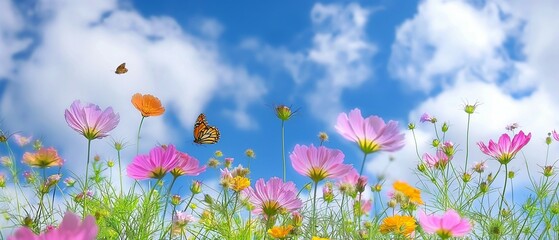 Cosmos blooming in the field, clouds and blue sky background