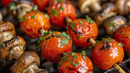 Fried tomatoes and mushrooms on skewers on grill