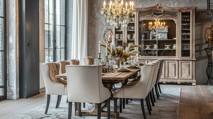 A stylish dining room setup with a grand wooden table, elegant chairs, and a chandelier for lighting --ar 16:9 --style raw Job ID: 0de0d65f-dcbf-412c-9ca2-472a479a1464