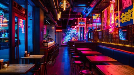 A neon-lit izakaya serving crispy tempura, with vibrant digital advertisements and a lively atmosphere, emphasizing modern urban culture. 
