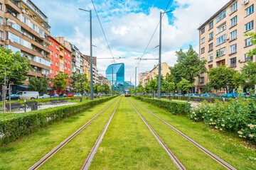 View of a Modern Boulevard featuring Tramways and Buildings in Sofia, Bulgaria