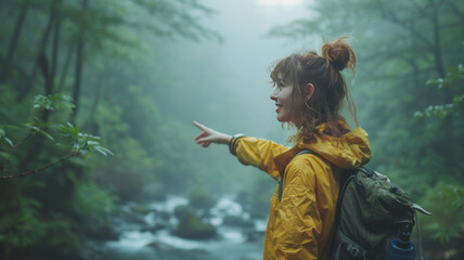 woman pointing while green background, generative ai