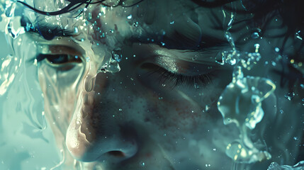 Close-up portraits of a person in a pool with intense eyes