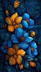 A close-up view of blue and orange flowers in a decorative floral pattern