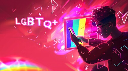 An artistic stick figure depiction of a joyful person at their smartphone, the word "LGBTQ+" in rainbow hues, set against a deep pink backdrop with fluid, blurred shapes and a glowing monitor,