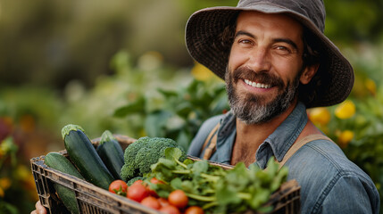 Young farmer with crate full of vegetables - Portrait of happy male carrying vegetables in crate at farm.