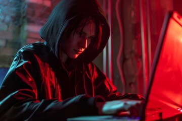 Hacker in hood hacking at computer in dark room. Computer criminal uses malware to hack devices