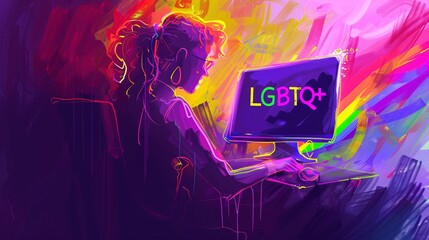 A colorful stick figure drawing of a joyful person at their desktop computer, "LGBTQ+" written in bright rainbow hues, amidst a deep violet, amorphous background with a glowing screen monitor, adding