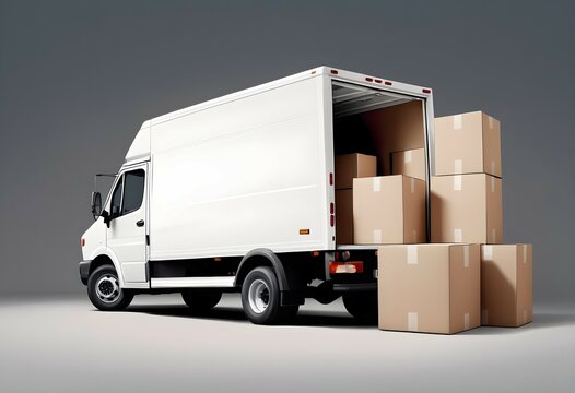 A commercial delivery van or box truck, its rear doors open, glossy ground, surrounded by a variety of empty cardboard boxes in various sizes on a plain grey backdrop.

