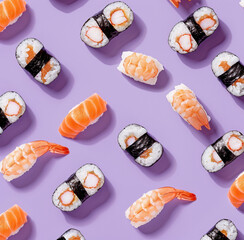 Top view on classic sushi rolls pattern. Asian food restaurant delivery, platter set on white background