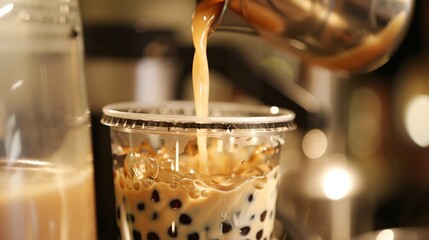 A close-up shot of a boba tea cup being prepared, showing the process of adding tapioca pearls to the bottom of the cup before pouring in the tea and milk mixture.