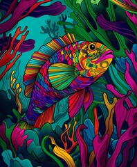 Obraz premium Colorful, detailed wrasse fish in a vibrant coral reef, featuring intricate scales and bold hues.