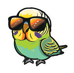Naklejka premium Cool cartoon parrot with sunglasses, colorful and stylish. Fun and quirky character art perfect for various uses.