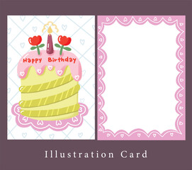 a green birthday cake with pink cream , flower and candle on top on heart pattern card,illustration birthday card decoration. greeting card for blessing.