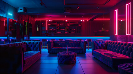 futuristic dark room glossy floor modern Illustration,Modern living room with violet light and red light illumination.sofa with armchairs and table lamps.3d rendering,Night club with ultraviolet ray
