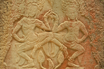 ancient bas-reliefs on the Angkor Wat temple, Cambodia