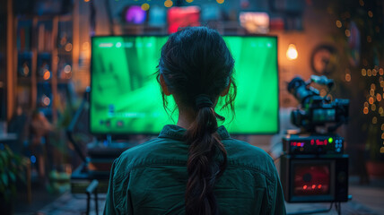 The lens on a person's shoulder is a computer with a completely green screen,generative ai