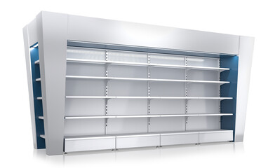 Retail gondola shelving with toppers and stoppers. 3d illustration on white background © Wire_man
