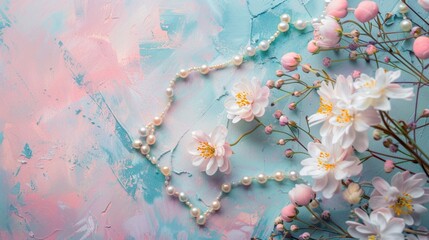 Artistic Composition of Flower and Pearls on Pastel Background