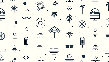 Minimalistic summer-themed pattern with icons of suns, palm trees, and beach items. Concept: simple, modern. Ideal for summer promotions, graphic design projects. Copy space available.

