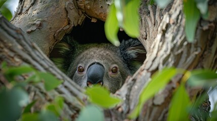 A cute koala is peeking out of a tree trunk. The koala is looking at the camera with its big, round eyes.