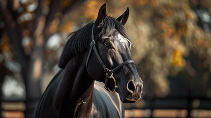 Black thoroughbred horse on a horse farm