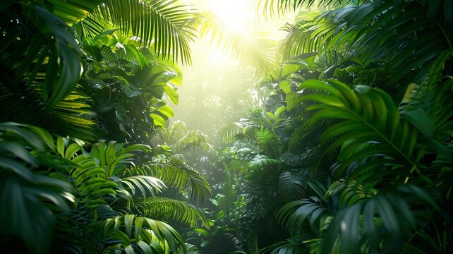 Lush tropical rainforest with sunlight filtering through dense foliage, creating a serene and vibrant natural scene.