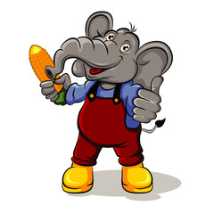 The elephant mascot is holding a piece of quality corn