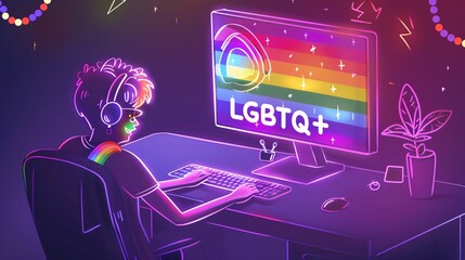 An abstract stick figure illustration showing a delighted person at their desktop computer, with "LGBTQ+" in bright rainbow colors, surrounded by a deep purple backdrop and a glowing screen,