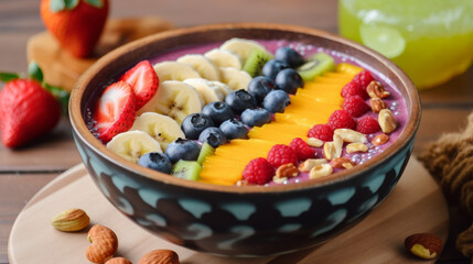 Colorful smoothie with fresh fruits and nuts