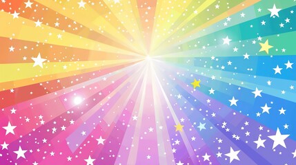 Fototapeta premium Vibrant Rainbow-Colored Rays Radiating from Center with White Stars, Creating a Joyful and Happy Atmosphere. Cute and Colorful Digital Art with Gradient Effect, Ideal for Children's Wallpaper and Deco